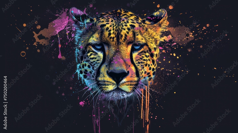 Poster a close up of a cheetah's face with paint splatters on the side of the face and on the side of the f