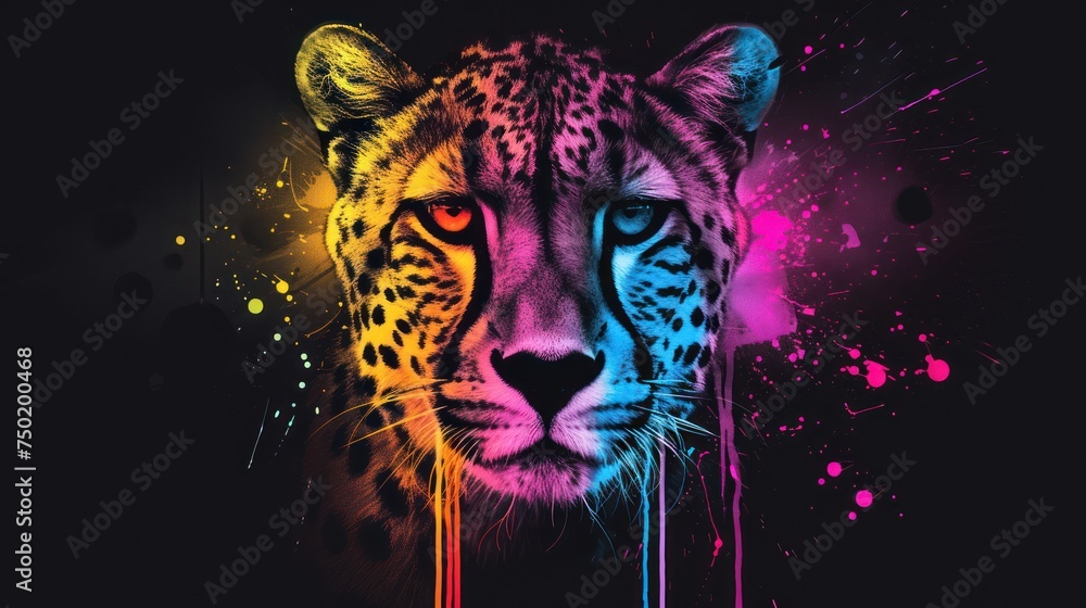 Poster  a close up of a cheetah's face with multicolored paint splattered on it's face and behind it is a black background.