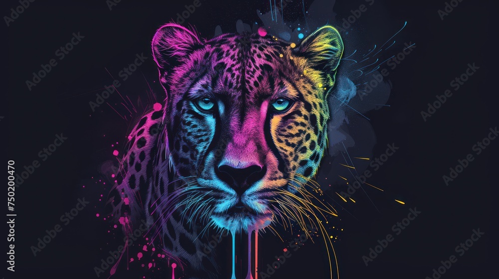 Poster a close up of a leopard's face on a black background with colorful paint splattered on it's face and