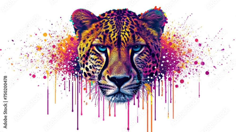 Poster a close up of a cheetah's face with paint splatters on the side of the face and on the side of the f
