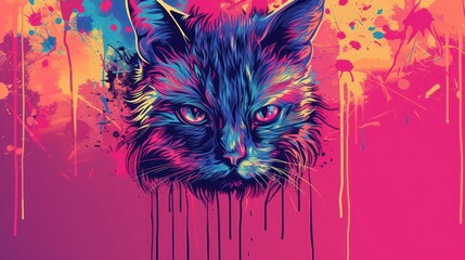  a painting of a cat's face with paint splatters all over it and the cat's eyes are blue, red, yellow, orange, pink, and purple, and pink.