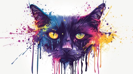  a close up of a cat's face with a lot of paint splatters on it's face and the cat's eyes are yellow, red, blue, green, purple, orange, yellow, and pink, and purple.