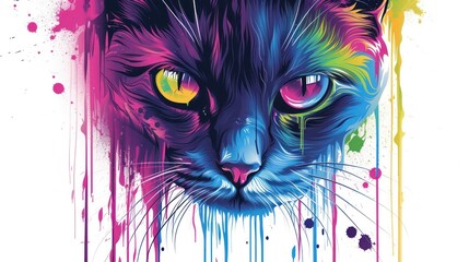  a close up of a cat's face with multicolored paint splatters on the side of the cat's face and the cat's face.