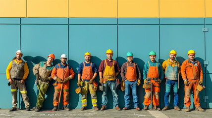 group of construction workers in work clothes with tools against the background of a multi-colored hypermarket wall, free copy space, labor day poster concept - obrazy, fototapety, plakaty