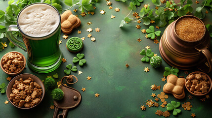 Celebrate St. Patrick’s Day with green beer, a pot of gold, and festive decorations on a green background. This image is perfect for: holiday celebrations, Irish culture, festive decorations.