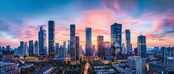 Cityscape at dusk in Asia, showcasing the vibrant skyline and architectural beauty of urban...