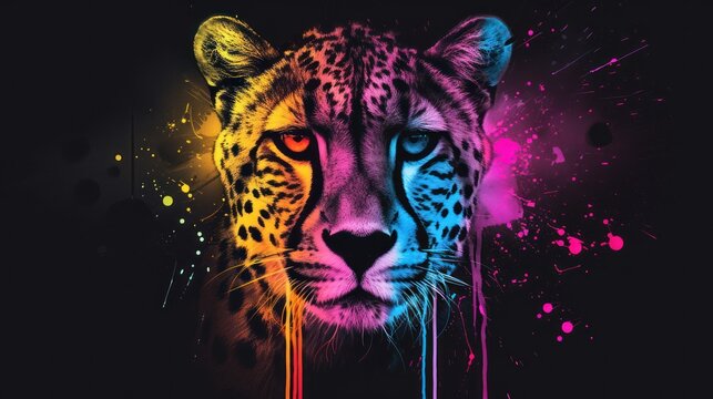  a close up of a cheetah's face with multicolored paint splattered on it's face and behind it is a black background.
