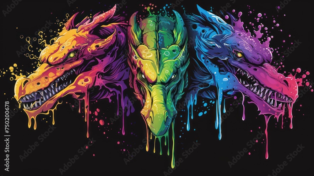 Poster a group of three colorful dragon heads with paint splatters on the side of the image and on the back