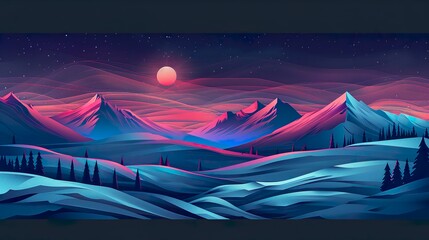 stylized landscape with mountains and moon