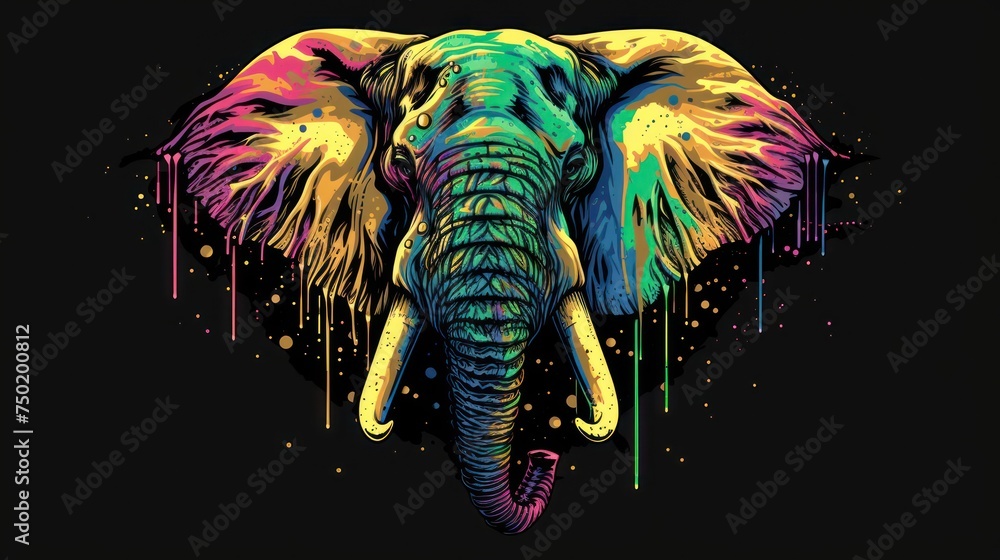 Poster  an elephant with colorful paint splatters on it's face and tusks and tusks on it's tusks is standing in front of a black background.