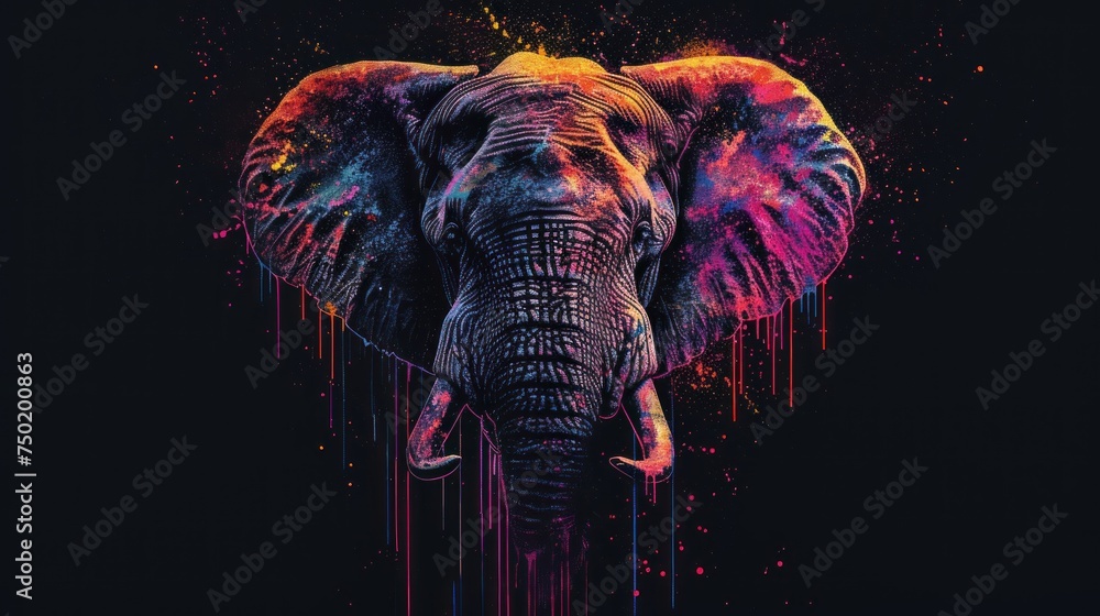 Poster an elephant with paint splattered all over it's face and tusks, standing in front of a black backgro
