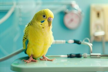 Yellow budgie on a bathroom sink looking curious - A vivid photo of a bright yellow budgerigar perched on a sink, with bathroom elements softly blurred in the background
