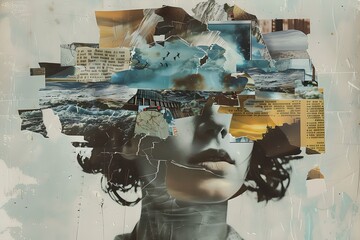 Woman with fragmented sea landscape. Digital art collage. Design for poster, banner, social media. Mixed media style. Mental health concept. Representation of anxiety, lostness, disorientation.
