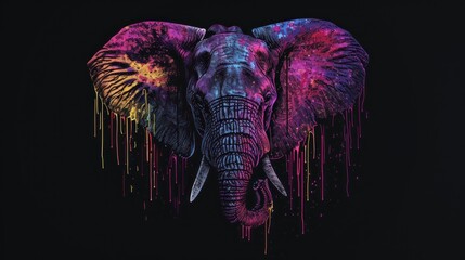  an elephant with paint splattered all over it's face and tusks, standing in front of a black background with multi - colored drops of paint.