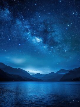 Starry night over tranquil mountain lake - Majestic image presenting a star-filled celestial display above a tranquil mountain range, mirrored in the glassy lake waters