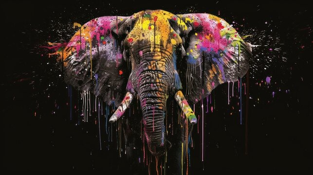  an elephant with colorful paint splattered all over it's face and tusks is standing in front of a black background with multi - colored drops of paint.