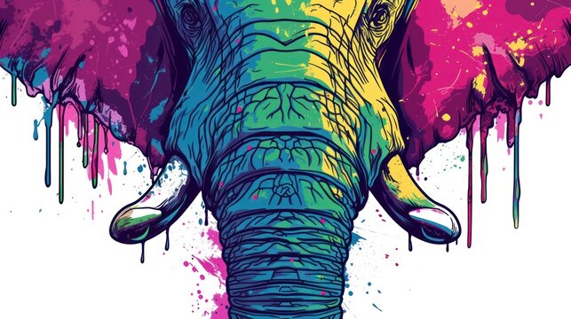  a painting of an elephant's head with colorful paint splatters on it's face and tusks and tusks on it's tusks.