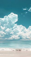 Tropical beach with fluffy clouds and clear sky - A tranquil depiction of a pristine beach, clear azure waters, and billowing white clouds against a serene sky