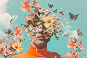 Portrait with flowers and butterfly headpiece. Surreal digital collage. Design for poster, banner, print. Spring beauty and nature concept