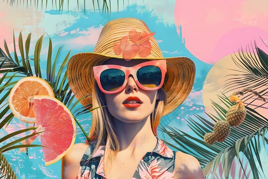 Woman with sunglasses and tropical fruit overlay. Digital art collage. Design for poster, banner, social media. Summer vacation and travel concept. 