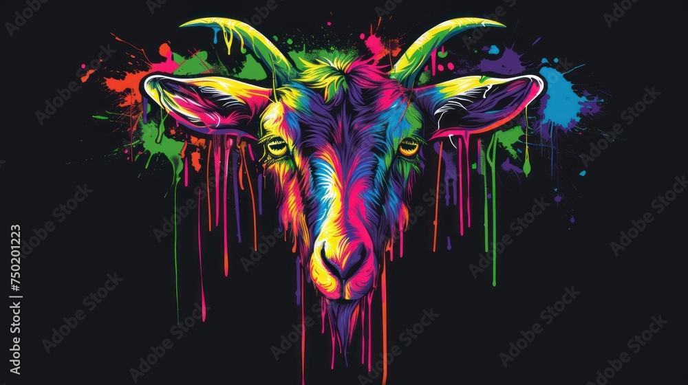 Poster a goat with colorful paint splatters on it's face and horns, in the center of the image is a black b