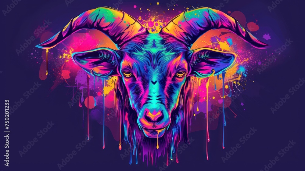 Poster a painting of a ram with colorful paint splatters on it's face and the ram's head is in the center o