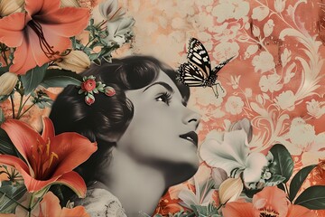 Vintage woman portrait with butterflies and flowers. Digital art collage. Design for poster, banner, social media. Nature beauty and spring blooming concept. Surreal composition