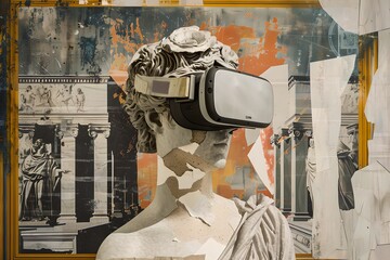 Antique statue with VR headset. Digital art collage. Design for poster, banner, social media. Virtual Reality technology concept. VR / AR. Metaverse and cyperspace. Torn paper effect