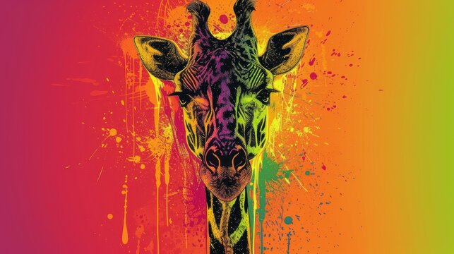  a painting of a giraffe's head with colorful paint splatters on the back of it's head and a yellow, red, green, orange, yellow, pink, and pink, and orange background.