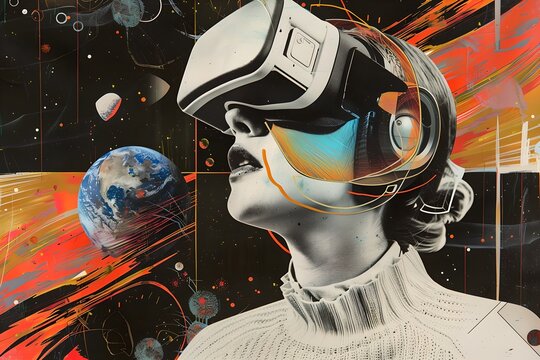 Woman with VR headset on space background. Surreal digital collage. Design for poster, banner, social media. Virtual Reality technology concept. VR / AR. Metaverse and cyperspace. 