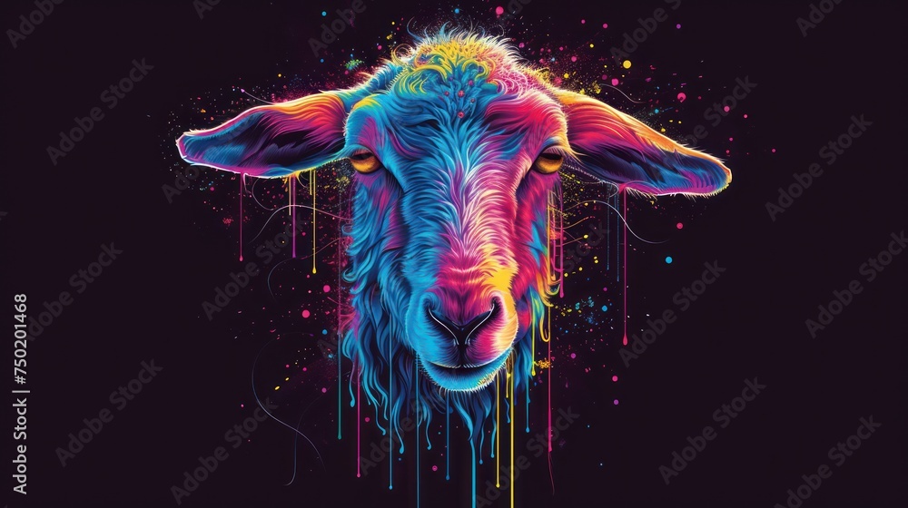 Poster a close up of a sheep's face with colorful paint splatters on it's face and a black background with 