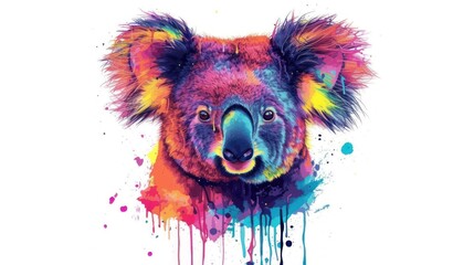  a watercolor painting of a koala bear's head with multicolored paint splatters on it's face and a white background with a white background.