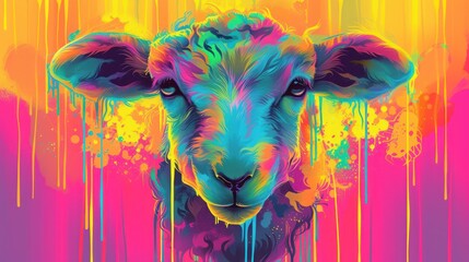  a colorful painting of a sheep's face on a pink, yellow, and blue background with drops of paint coming off of the sheep's head and neck.
