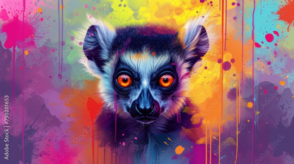 Poster a close up of a painting of a small animal on a multicolored background with drops of paint on the b