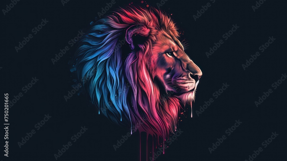 Poster a close up of a lion's face with multicolored paint splattered on it's face and a black background t