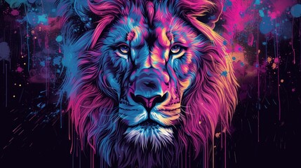  a close up of a lion's face with colorful paint splatters on it's face and on the left side of the image is a black background.