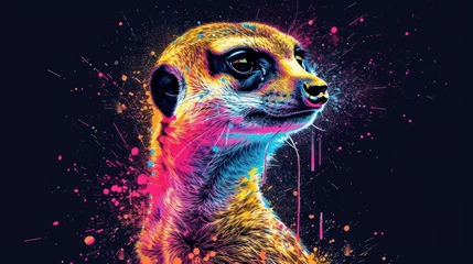 Foto op Aluminium  a painting of a meerkat on a black background with colorful paint splattered  © Nadia