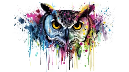 Photo sur Plexiglas Crâne aquarelle  a watercolor painting of an owl's face with a splash of paint on it's face and the owl's eyes are yellow, orange, blue, green, red, yellow, and purple, and black, and white.