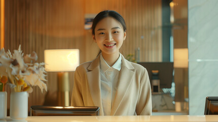 At the hotel's front desk, a Chinese woman greets guests with a warm smile as the receptionist