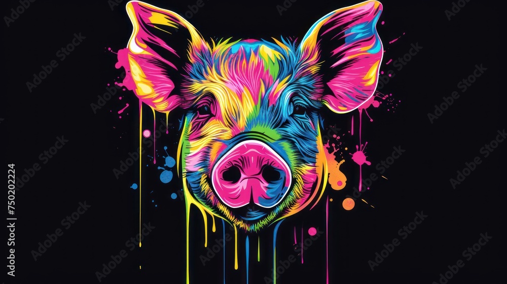 Poster a colorful pig's face on a black background with multicolored paint splattered on the side of the pi