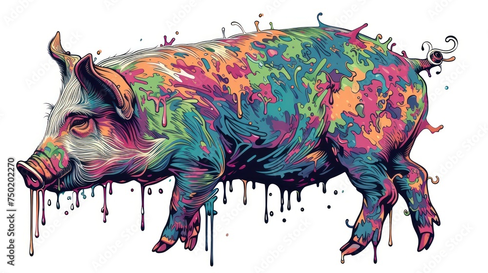 Poster a colorful pig standing in front of a white background with paint splattered