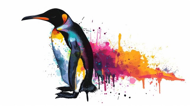  a painting of a penguin with paint splatches on it's body and a black and yellow beak, standing in front of a white background with multi - colored splatches.