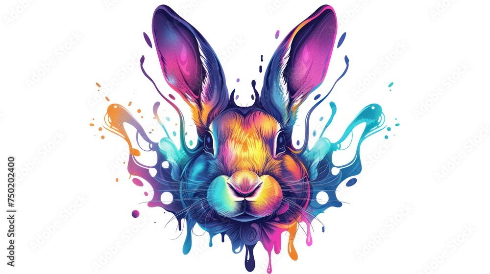 Poster a painting of a rabbit's head with colorful paint splatters on it's face and the face of a rabbit in