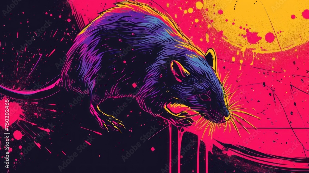 Poster a rat sitting on top of a table next to a red and yellow background with paint splatters and a half 