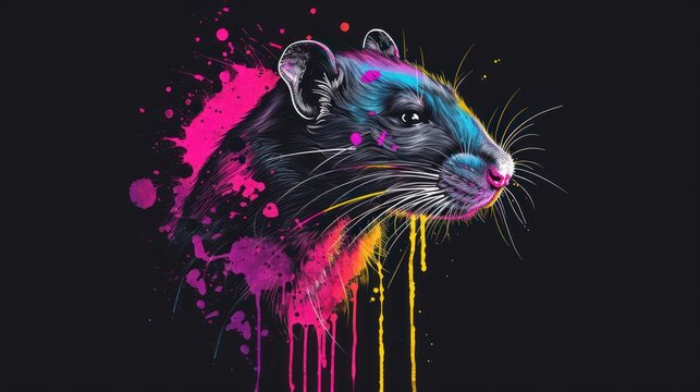  a black rat with multicolored paint splatters on black background