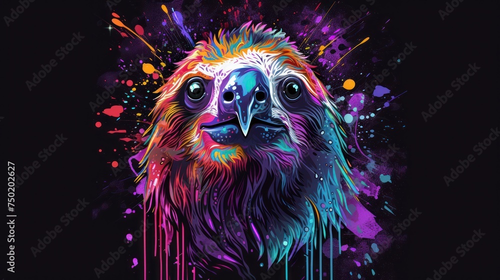 Poster a close up of a bird with paint splatters on it's face and a black background with multicolored pain