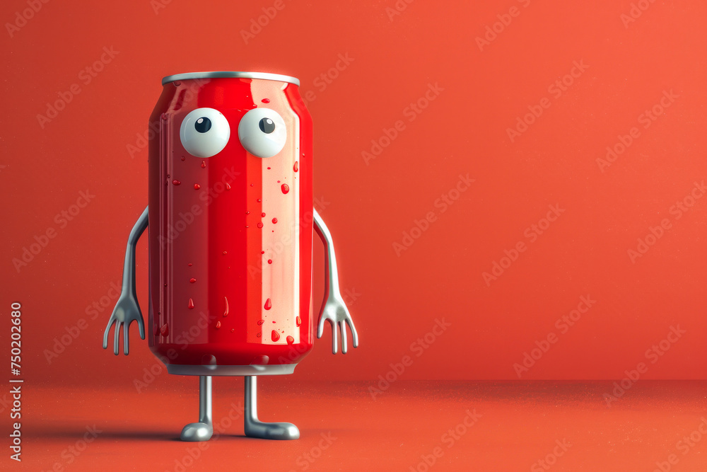 Poster 2d character design of a new red can with distinctive features. can is with two expressive eyes, two