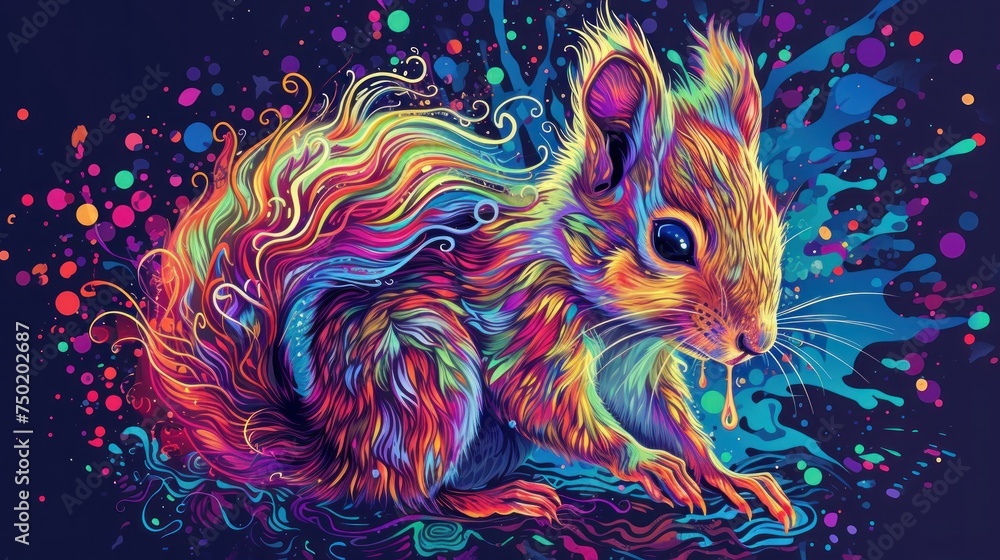 Poster a colorful painting of a rabbit on a dark background with a splash of paint all over it's body and i