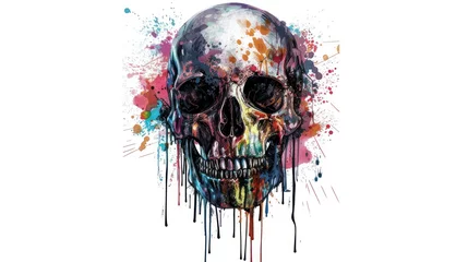 Tuinposter Aquarel doodshoofd  a watercolor painting of a skull with paint splatters on it's face and the skull's lower half covered in multi - colored splats.