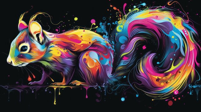  a colorful squirrel on a black background with paint splattered on it's body and the tail and tail of the squirrel is painted with multicolors.